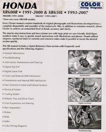 Honda XR600R 1991 - 2000 & XR650L 1993 - 2007Clymer Owners Service & Repair Manual